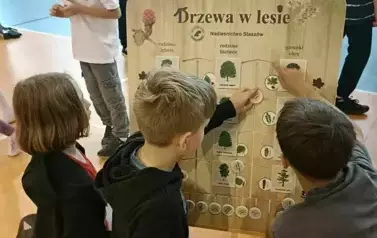 Uczniowie przy planszy edukacyjnej Nadleśnictwa