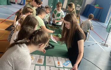 Uczniowie na hali sportowej z Nadleśnictwem Stasz&oacute;w rozwiązują quiz 