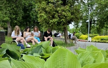 Uczennice klasy 8D czytają poezję w parku-na pierwszym planie rośliny
