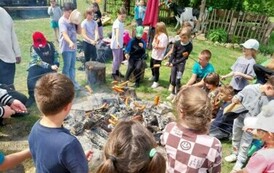Grupa dzieci piecze kiełbaski przy ognisku