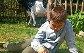 Chłopiec siedzi na trawie i maluje na desce