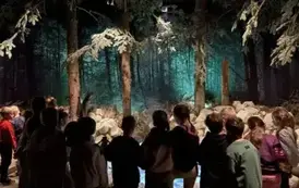 Grupa dzieci na tle ekspozycji lasu