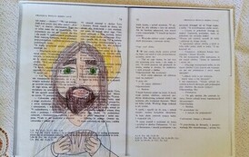 Praca plastyczna ucznia przedstawiająca scenę biblijną