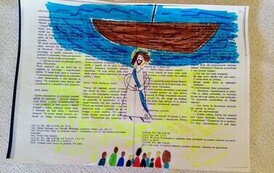 Praca plastyczna ucznia przedstawiająca scenę biblijną