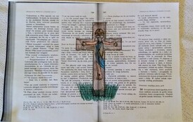 Praca plastyczna ucznia przedstawiająca scenę biblijną