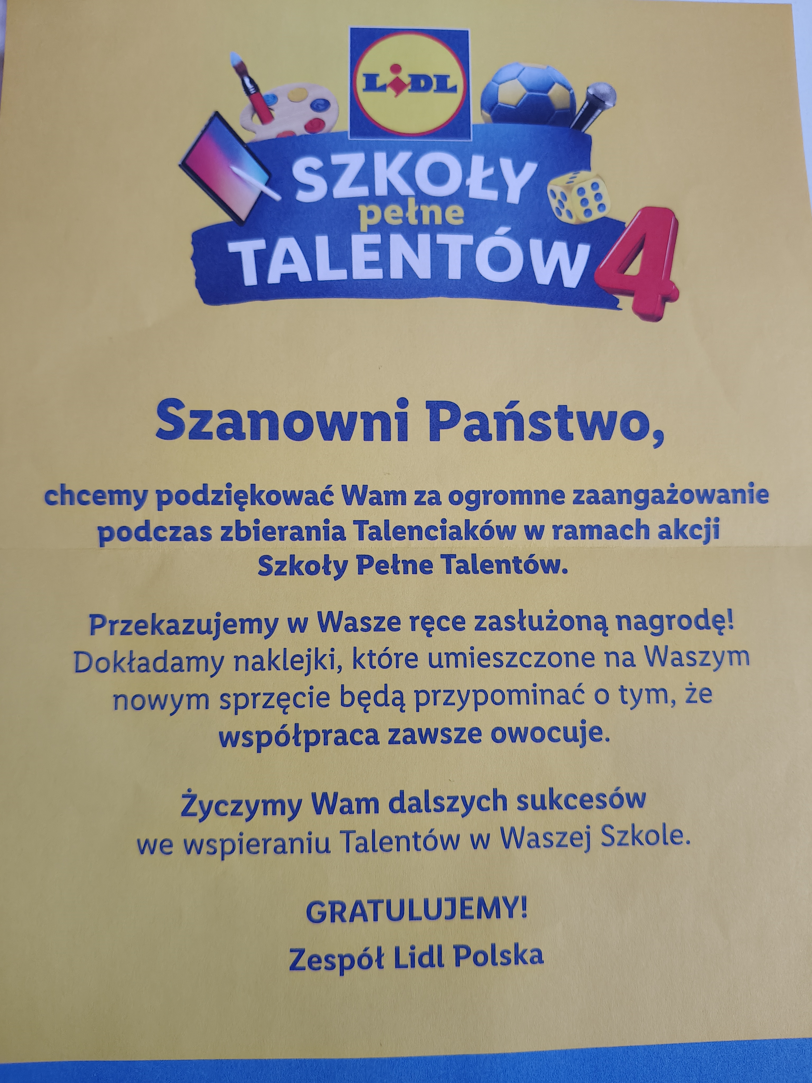 List z&nbsp;podziękowaniami od organizatora akcji
