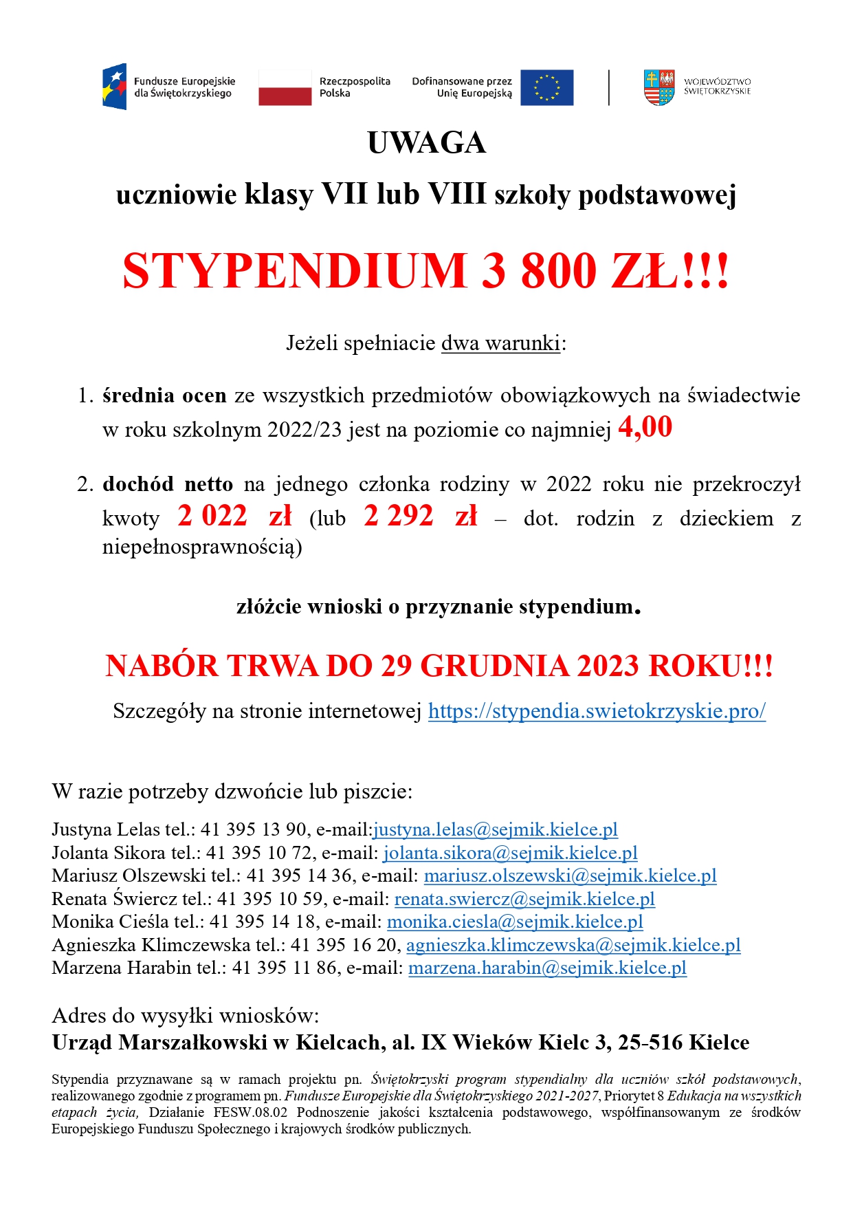2 nab&oacute;r wniosk&oacute;w stypendialnych - plakat informujący
