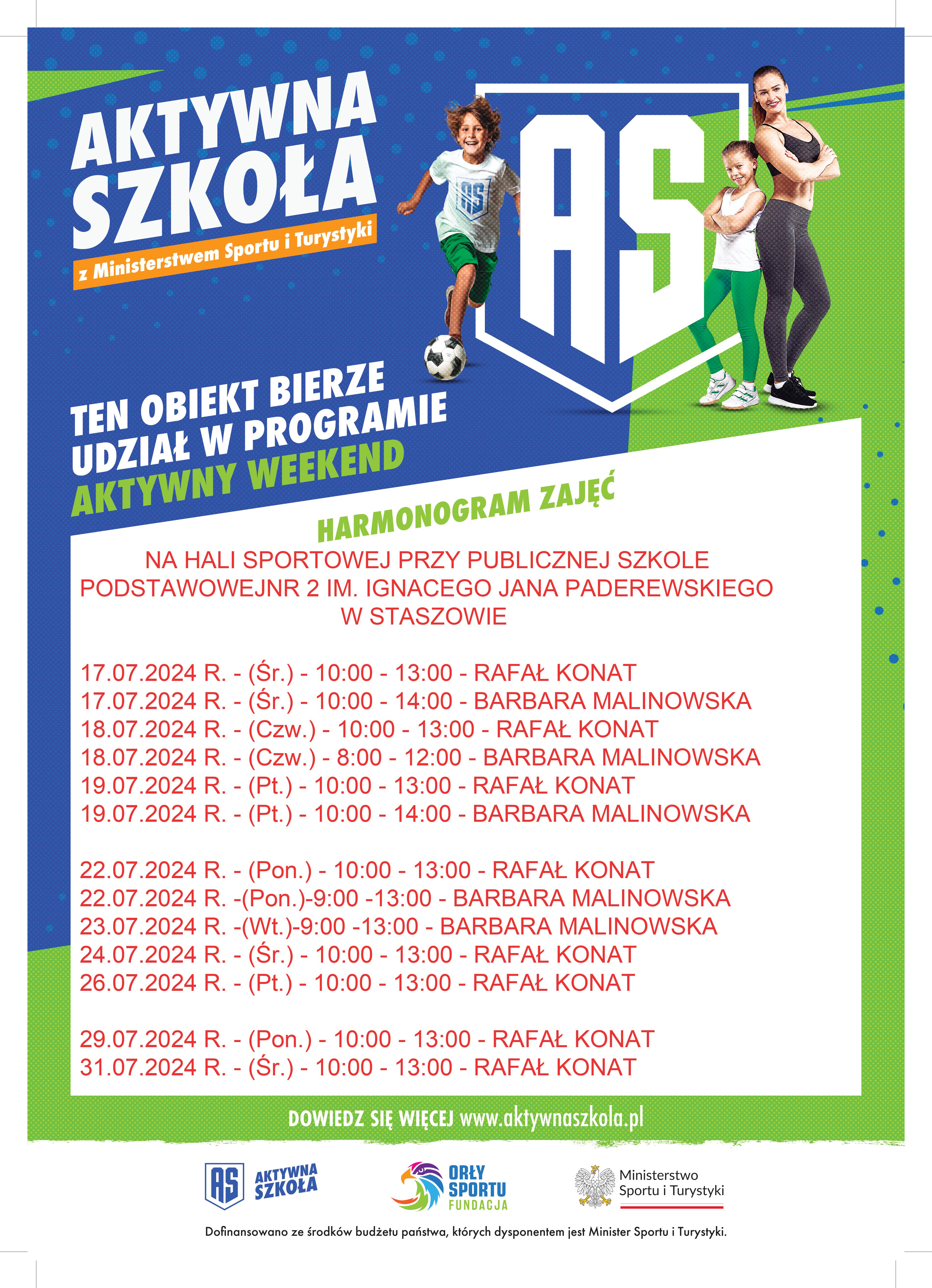 Harmonogram zajęć na&nbsp;lipiec - Aktywna Szkoła - plakat