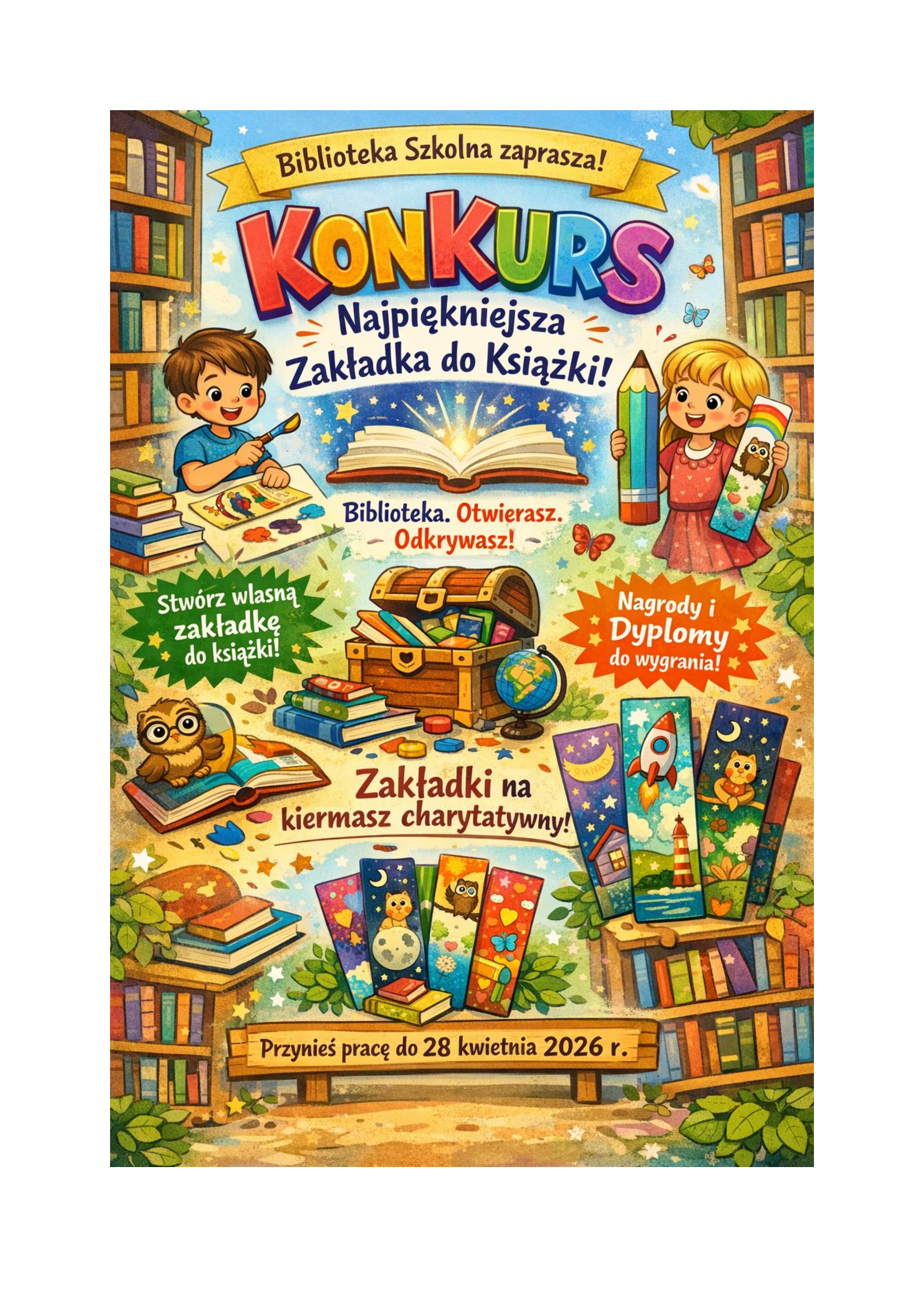 Plakat dotyczący konkursu plastycznego - Najpiękniejsza zakładka do książki