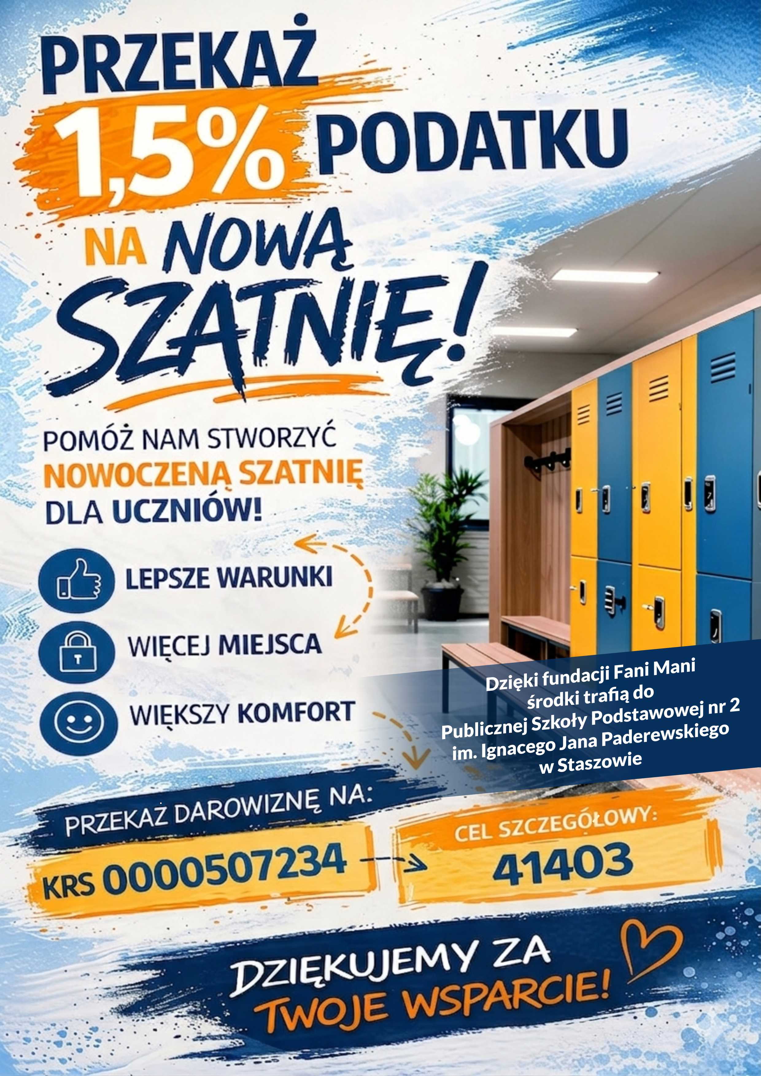 Plakat o&nbsp;przekazaniu 1,5% podatku na&nbsp;nową szatnię