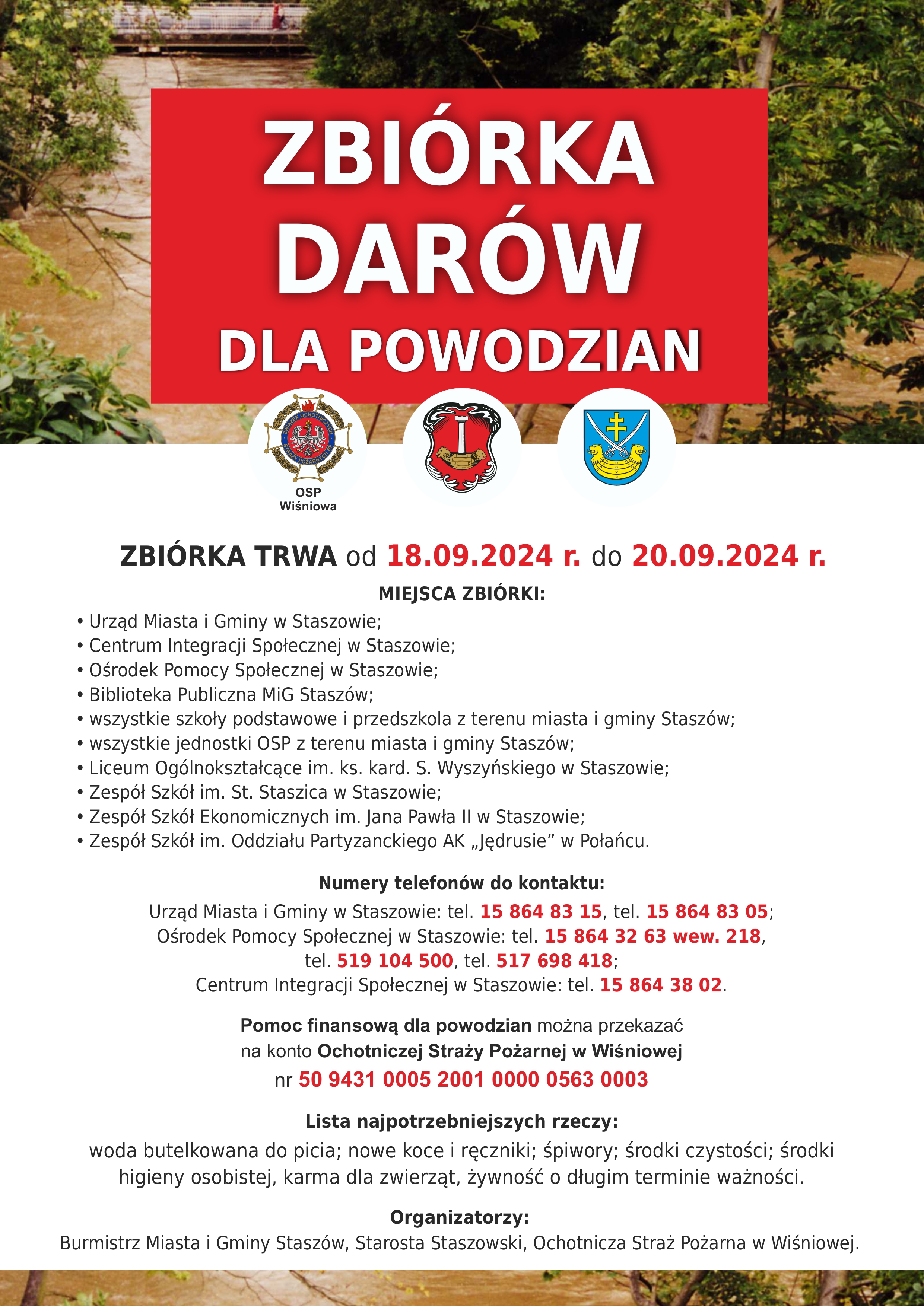 Zbi&oacute;rka dar&oacute;w dla powodzian - plakat informujący