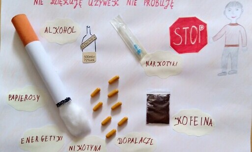 Praca ucznia biorąca udział w konkursie pn. Nie, dziękuję używek nie próbuję!