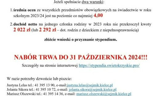 Zdjęcie do Stypendia dla uczni&oacute;w klas VII i VIII szk&oacute;ł podstawowych - Urząd Marszałkowski Wojew&oacute;dztwa Świętokrzyskiego